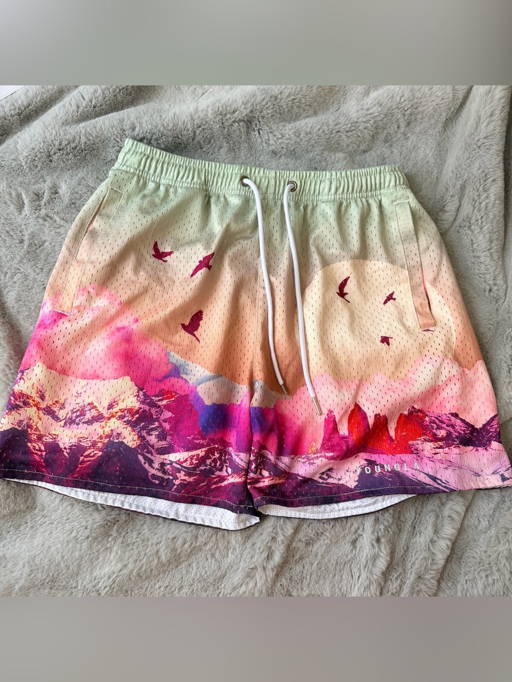 YoungLA Men’s Mesh Shorts Medium Mountain Sunset Print Gym Athletic